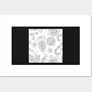 Monochrome Merry Christmas Pattern, New Year Illustration Posters and Art